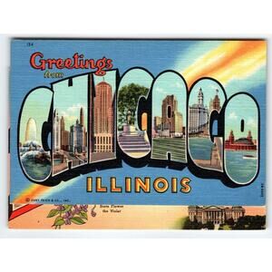 Greetings From Chicago Illinois Postcard Large Big Letter Linen Rainbow Sky CT